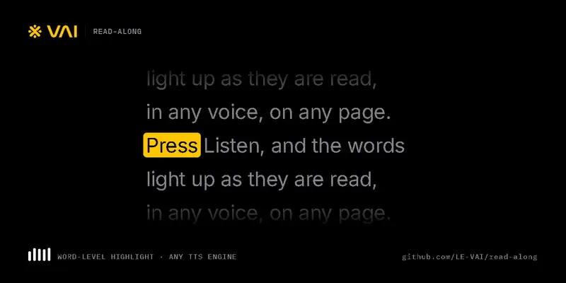 A passage read aloud: a yellow highlight moves word by word and each finished line lifts away.