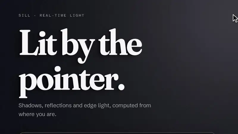 A dark interface lit by the pointer: a serif headline casts shadows that swing as the cursor moves, then a keypad of raised keys catches moving highlights.
